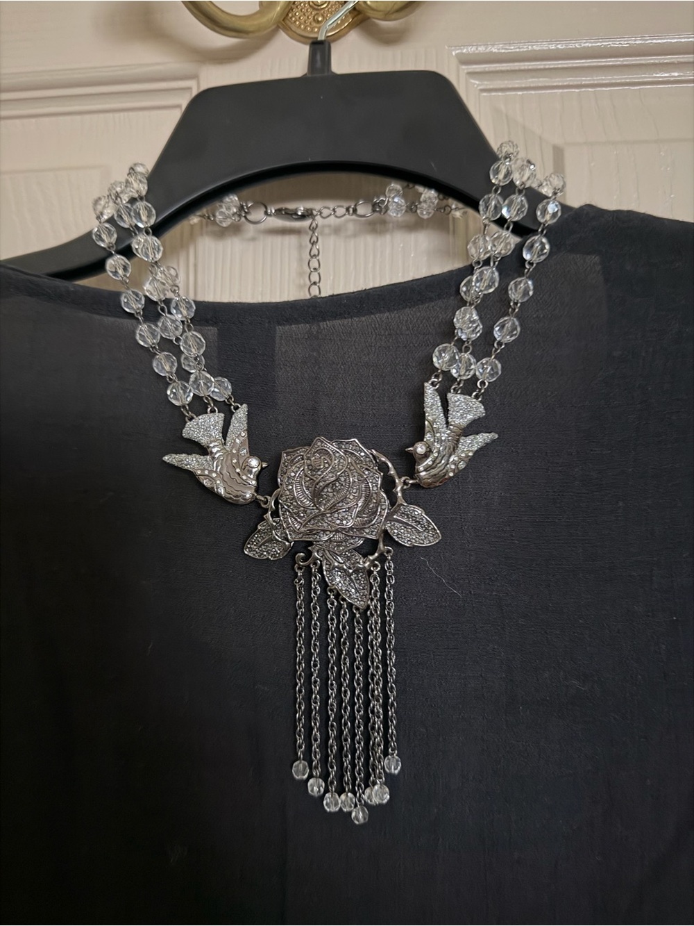 Crystal Beaded Silver Rose Statement Necklace